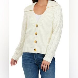 Wonderly Chunky Shawl Collar Cardigan White Cable Knit Sleeve Sweater Sz S